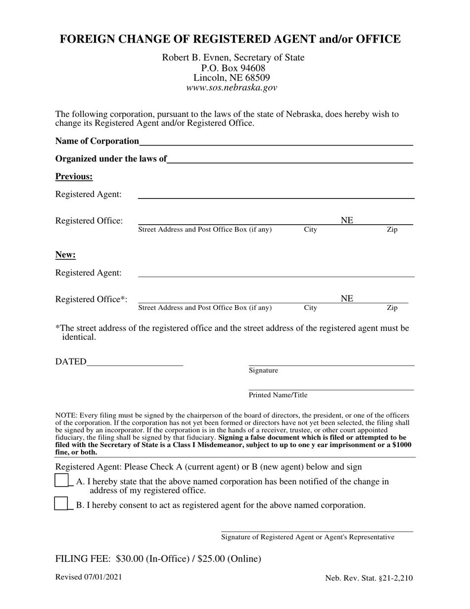 Foreign Change of Registered Agent and / or Office - Nebraska, Page 1