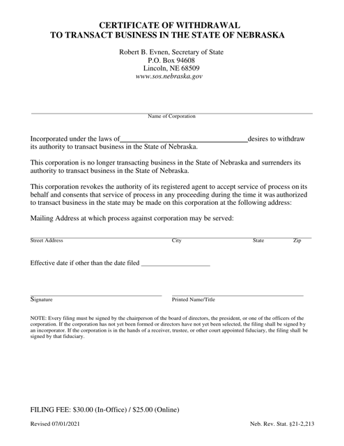 Certificate of Withdrawal to Transact Business in the State of Nebraska - Nebraska Download Pdf