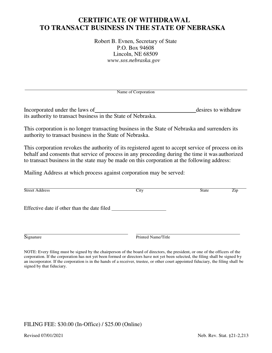 Certificate of Withdrawal to Transact Business in the State of Nebraska - Nebraska, Page 1