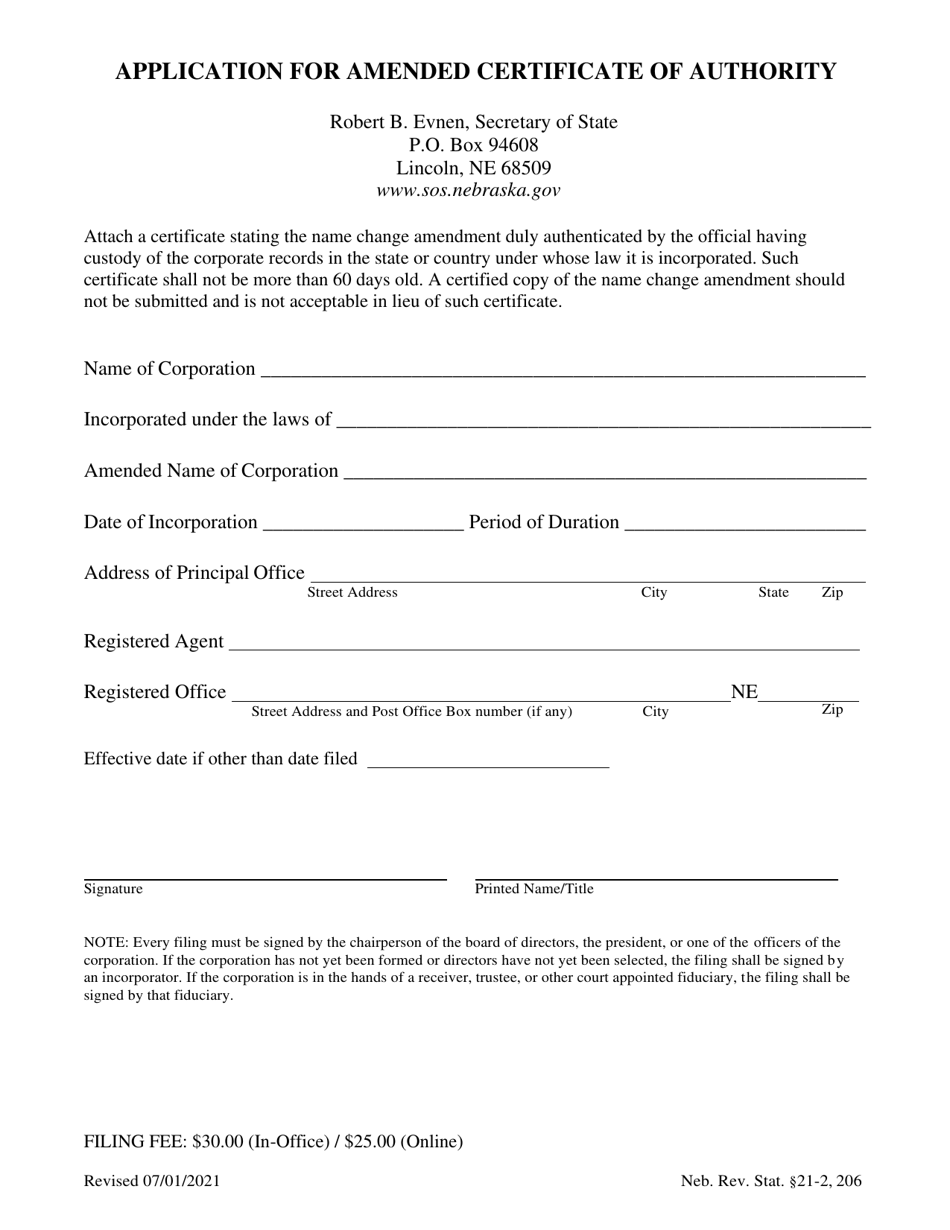 Application for Amended Certificate of Authority - Nebraska, Page 1