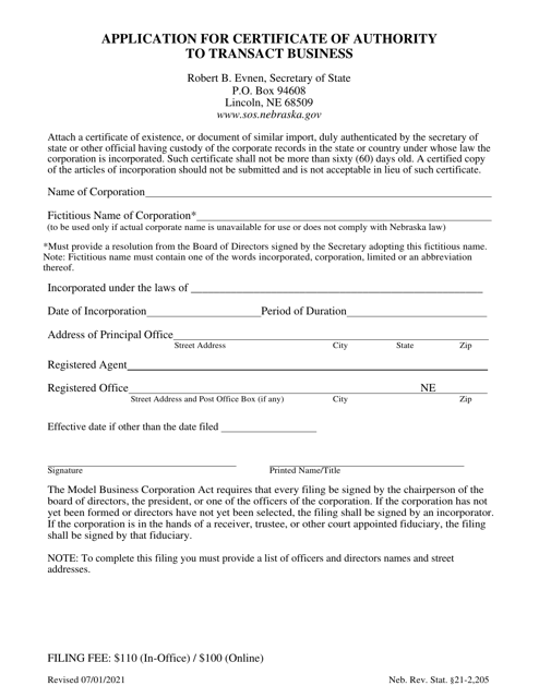 Application for Certificate of Authority to Transact Business - Nebraska Download Pdf