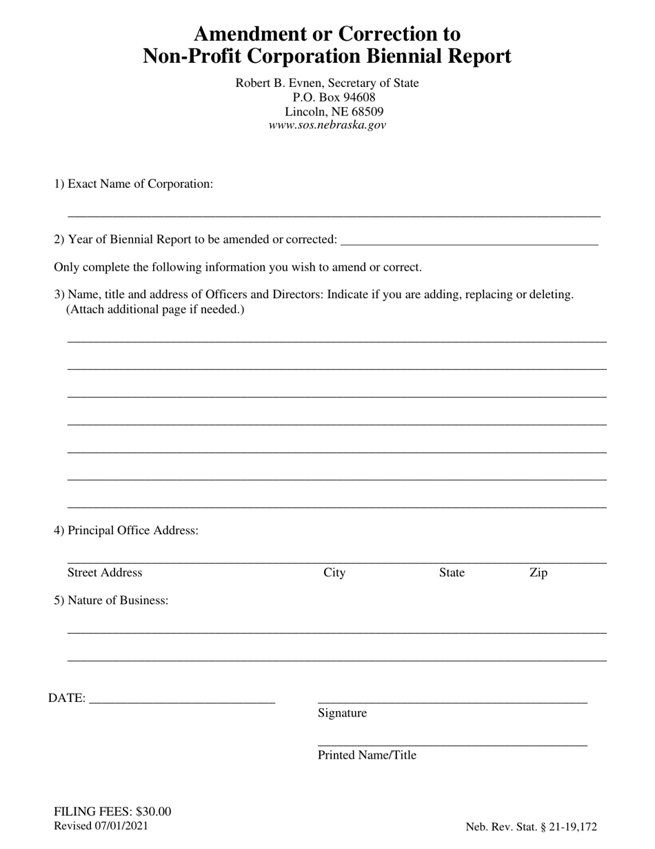 Amendment or Correction to Non-profit Corporation Biennial Report - Nebraska, Page 1