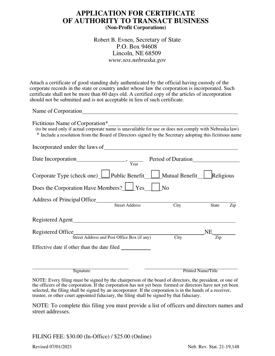 Application for Certificate of Authority to Transact Business (Non-profit Corporations) - Nebraska, Page 1