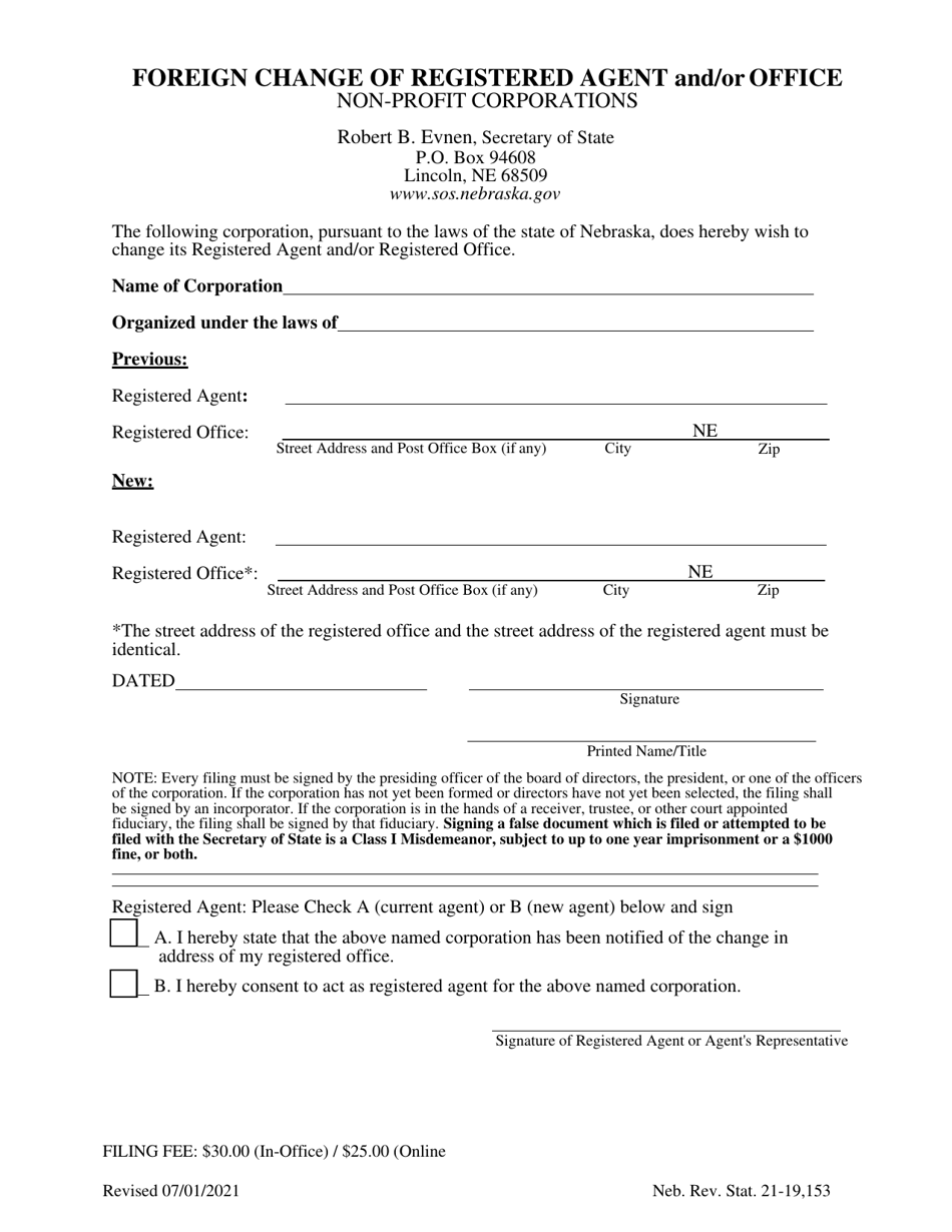 Foreign Change of Registered Agent and / or Office - Non-profit Corporations - Nebraska, Page 1