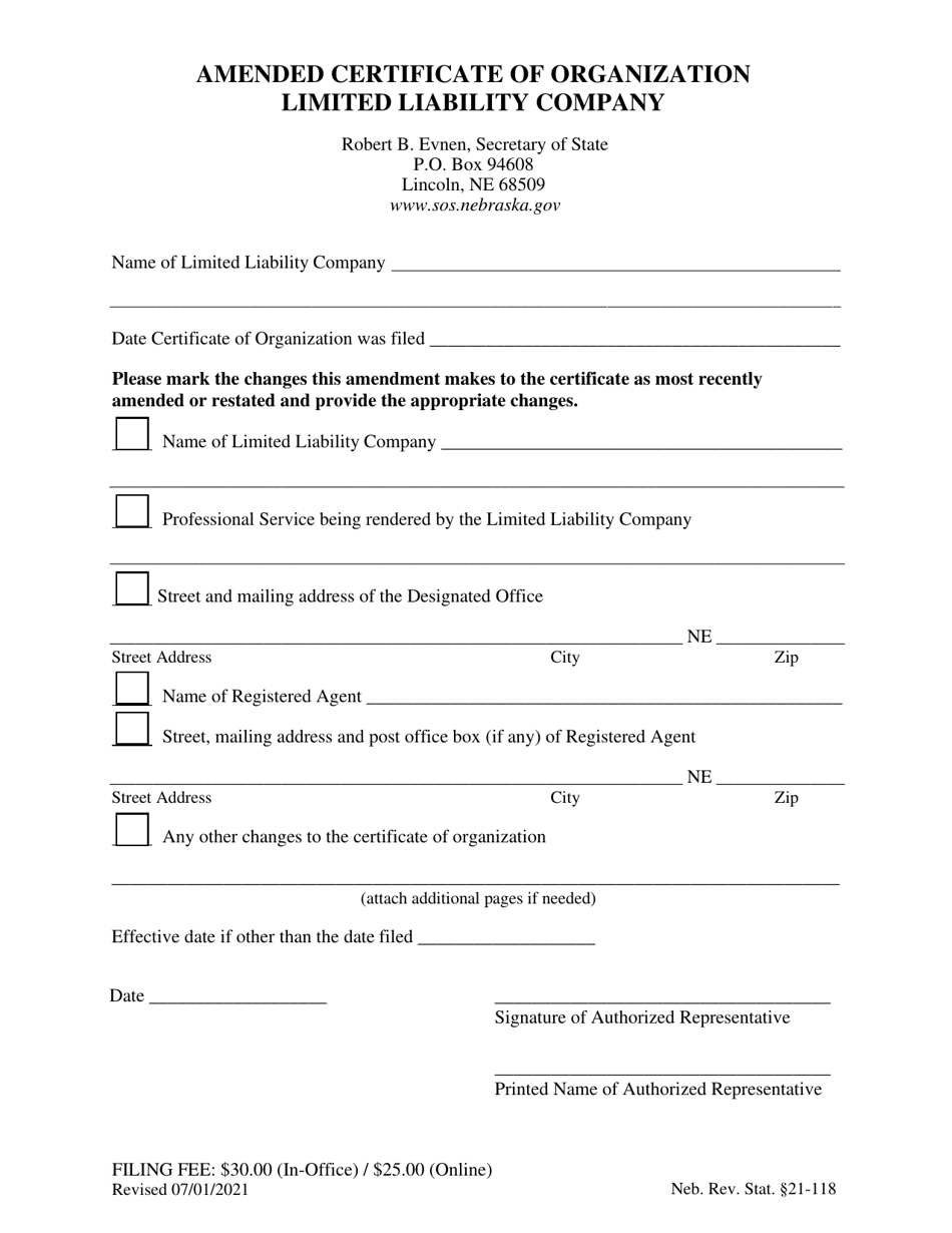 Amended Certificate of Organization - Limited Liability Company - Nebraska, Page 1