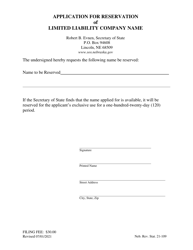 Application for Reservation of Limited Liability Company Name - Nebraska