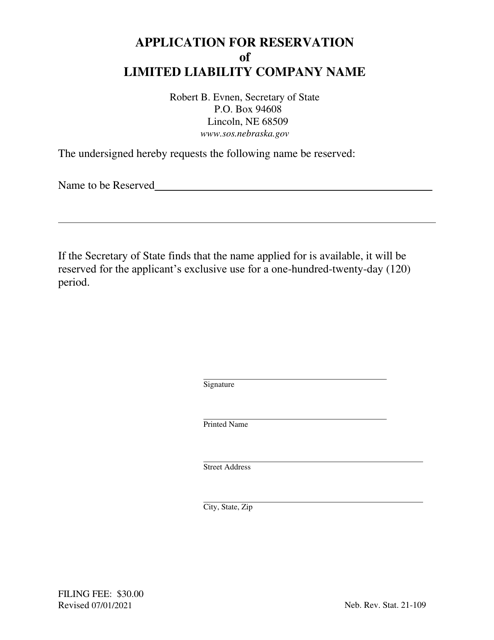 Application for Reservation of Limited Liability Company Name - Nebraska Download Pdf