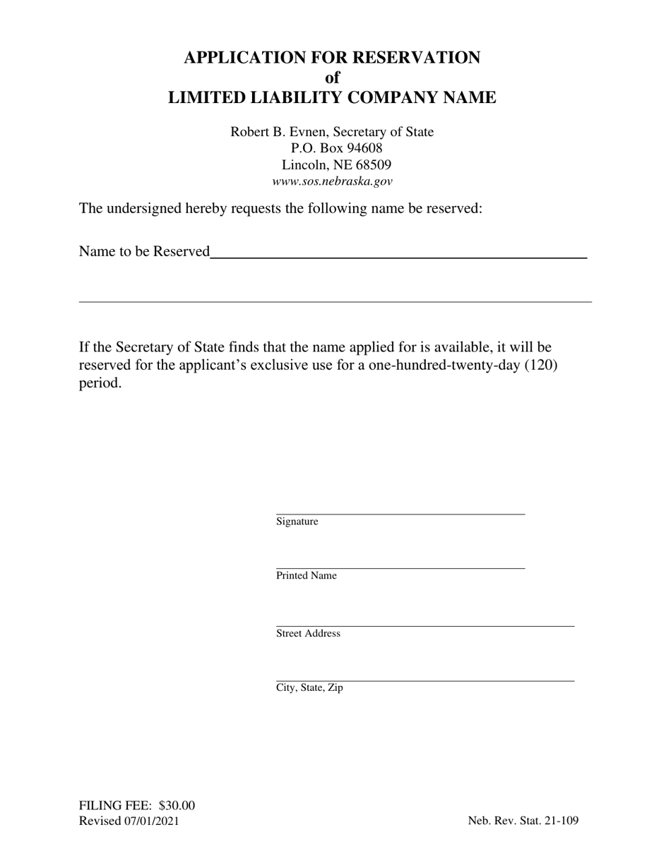 Application for Reservation of Limited Liability Company Name - Nebraska, Page 1