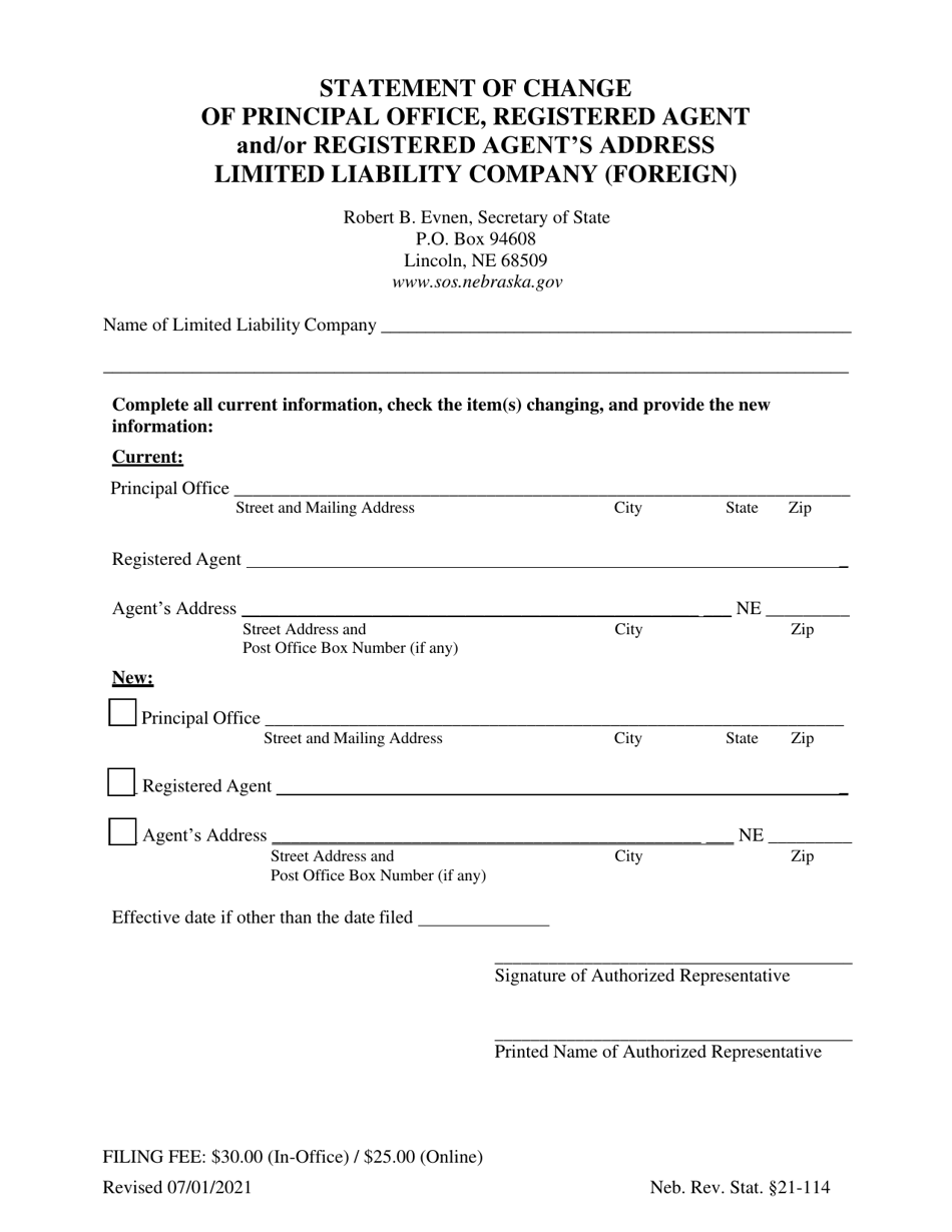 Statement of Change of Principal Office, Registered Agent and / or Registered Agents Address - Limited Liability Company (Foreign) - Nebraska, Page 1