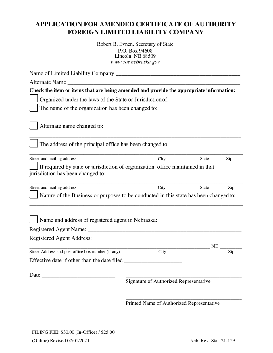 Application for Amended Certificate of Authority - Foreign Limited Liability Company - Nebraska, Page 1