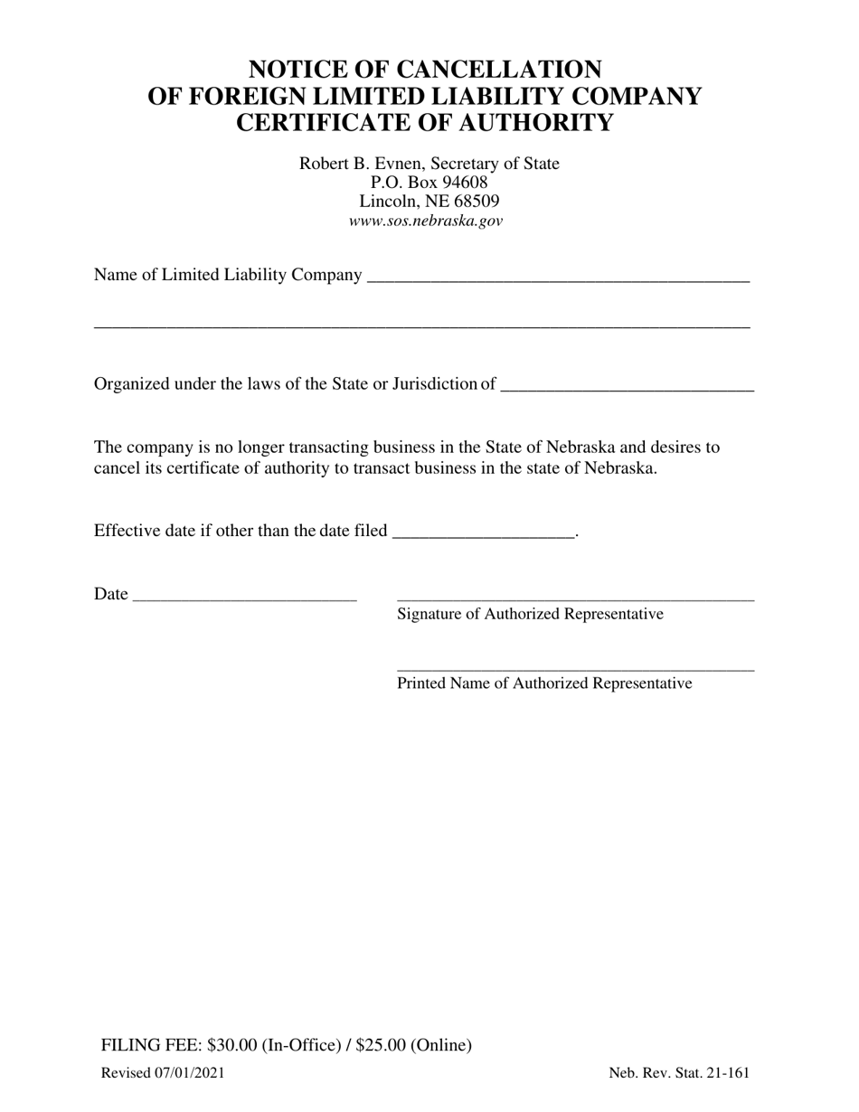 Notice of Cancellation of Foreign Limited Liability Company Certificate of Authority - Nebraska, Page 1