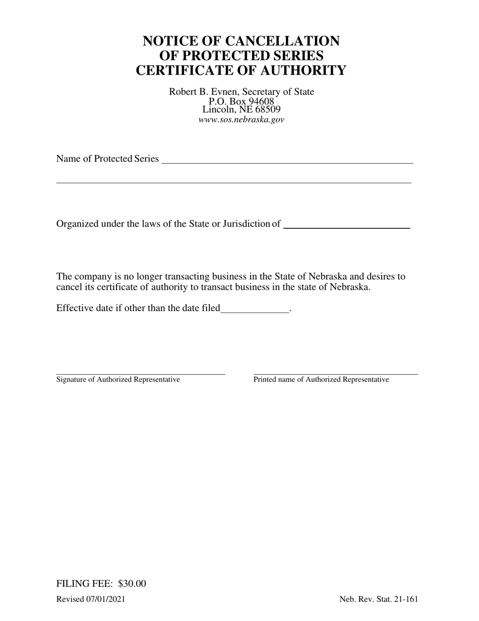 Nebraska Notice of Cancellation of Protected Series Certificate of