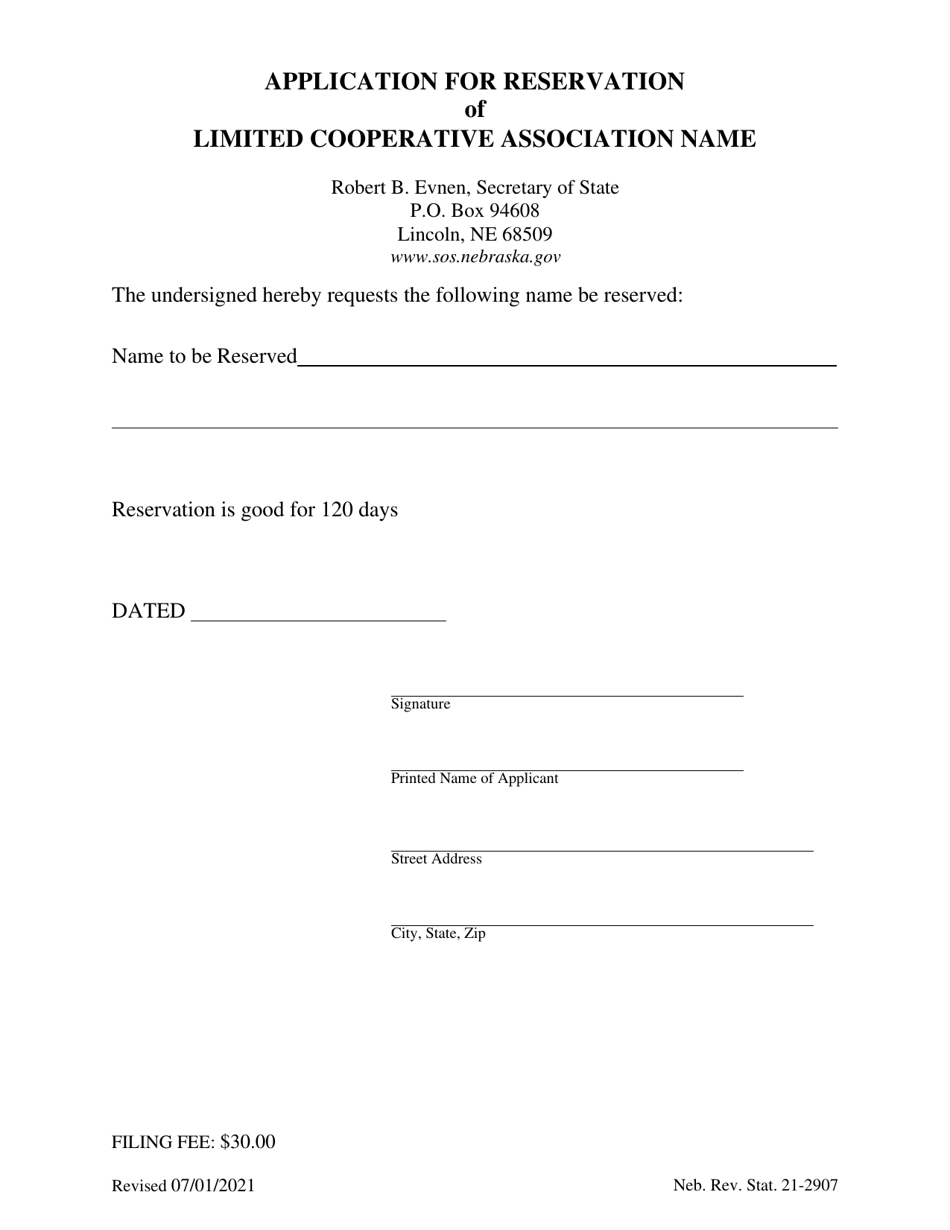 Application for Reservation of Limited Cooperative Association Name - Nebraska, Page 1
