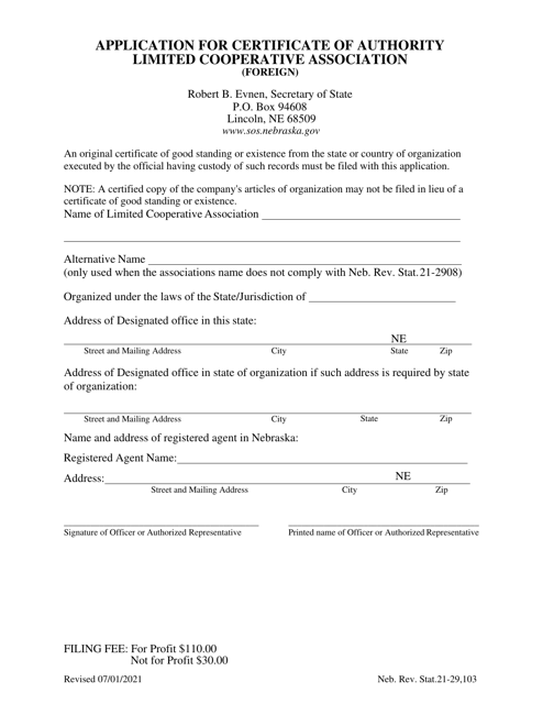 Application for Certificate of Authority Limited Cooperative Association (Foreign) - Nebraska Download Pdf