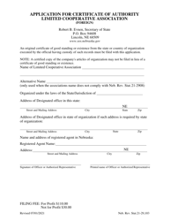 Application for Certificate of Authority Limited Cooperative Association (Foreign) - Nebraska