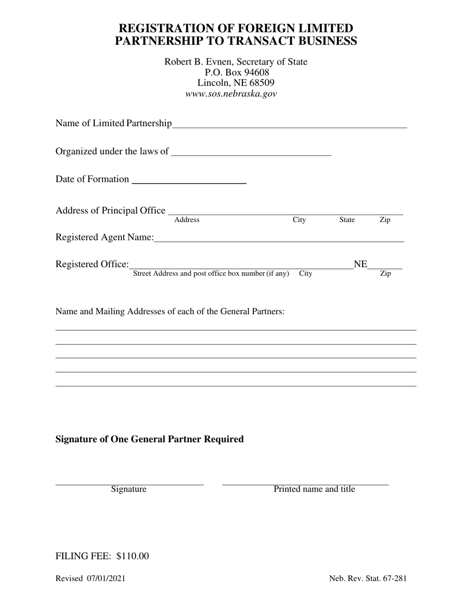 Registration of Foreign Limited Partnership to Transact Business - Nebraska, Page 1