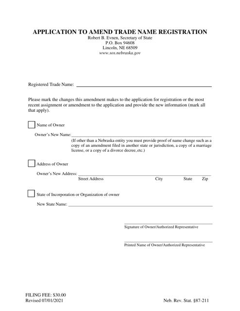 Application to Amend Trade Name Registration - Nebraska Download Pdf