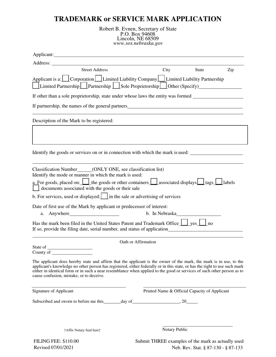 Trademark or Service Mark Application - Nebraska, Page 1