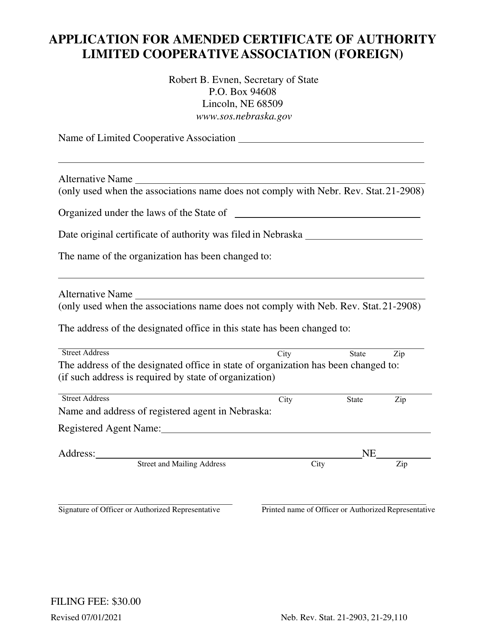 Application for Amended Certificate of Authority - Limited Cooperative Association (Foreign) - Nebraska Download Pdf