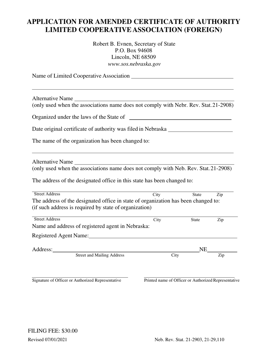 Application for Amended Certificate of Authority - Limited Cooperative Association (Foreign) - Nebraska, Page 1