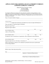 Document preview: Application for Certificate of Authority - Foreign Limited Liability Company - Nebraska