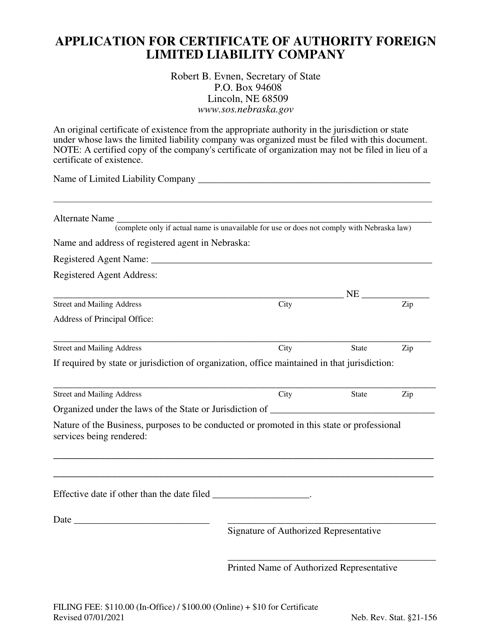 Application for Certificate of Authority - Foreign Limited Liability Company - Nebraska Download Pdf