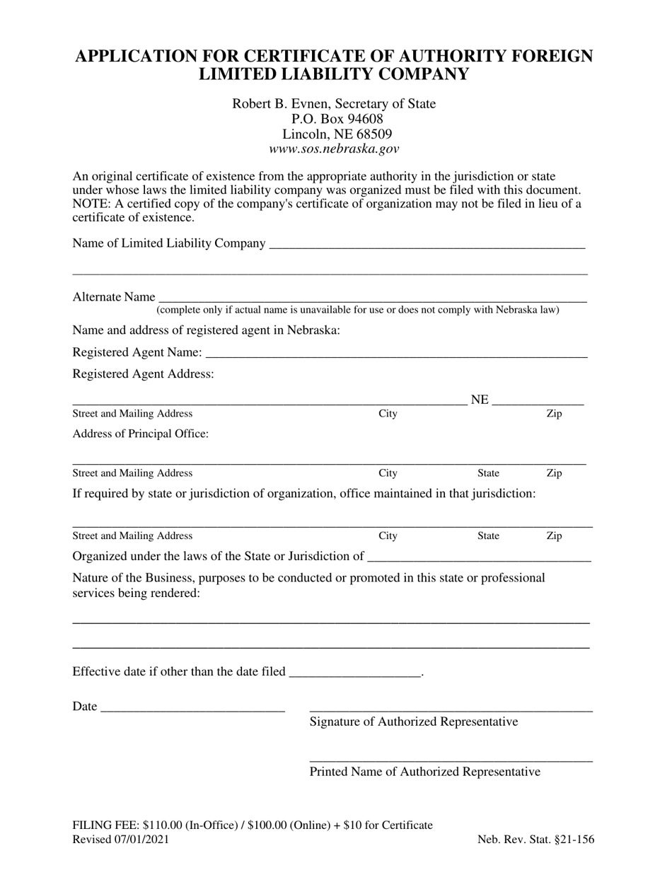 Application for Certificate of Authority - Foreign Limited Liability Company - Nebraska, Page 1