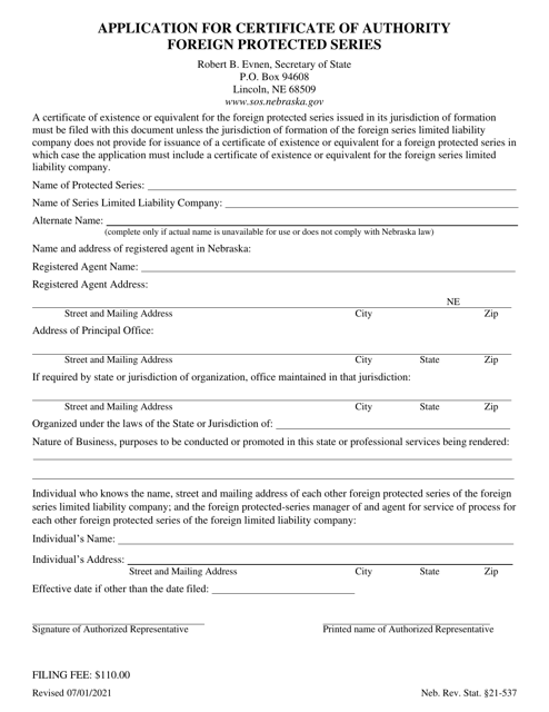 Application for Certificate of Authority - Foreign Protected Series - Nebraska