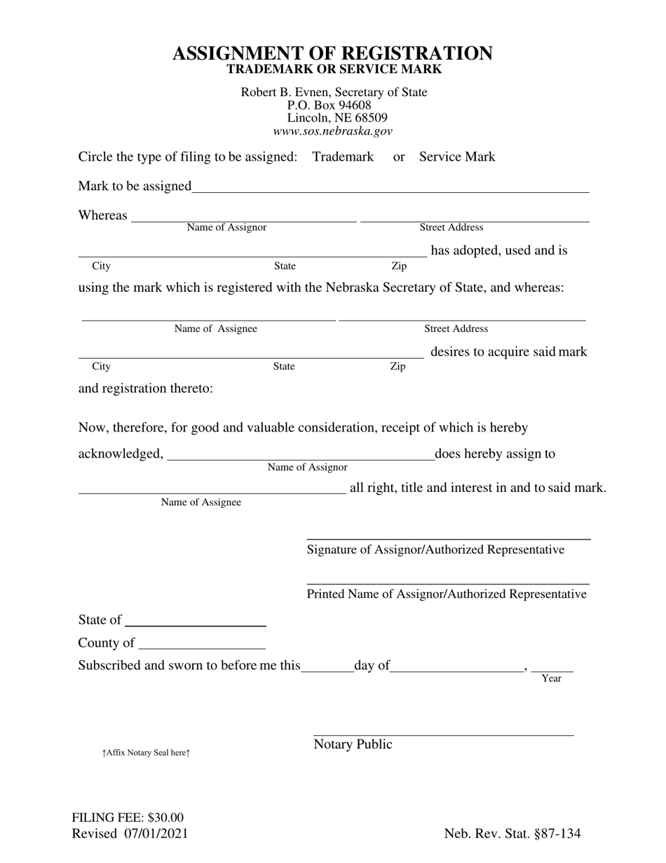 Assignment of Registration - Trademark or Service Mark - Nebraska, Page 1