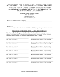 Document preview: Application for Electronic Access of Records - Limited Liability Companies Providing Health Related Professional Services or Licensed by the Board of Engineers and Architects - Nebraska