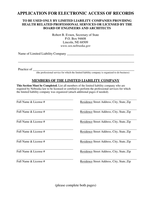 Application for Electronic Access of Records - Limited Liability Companies Providing Health Related Professional Services or Licensed by the Board of Engineers and Architects - Nebraska Download Pdf