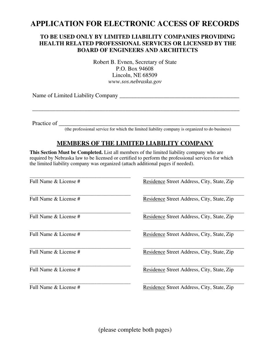 Application for Electronic Access of Records - Limited Liability Companies Providing Health Related Professional Services or Licensed by the Board of Engineers and Architects - Nebraska, Page 1