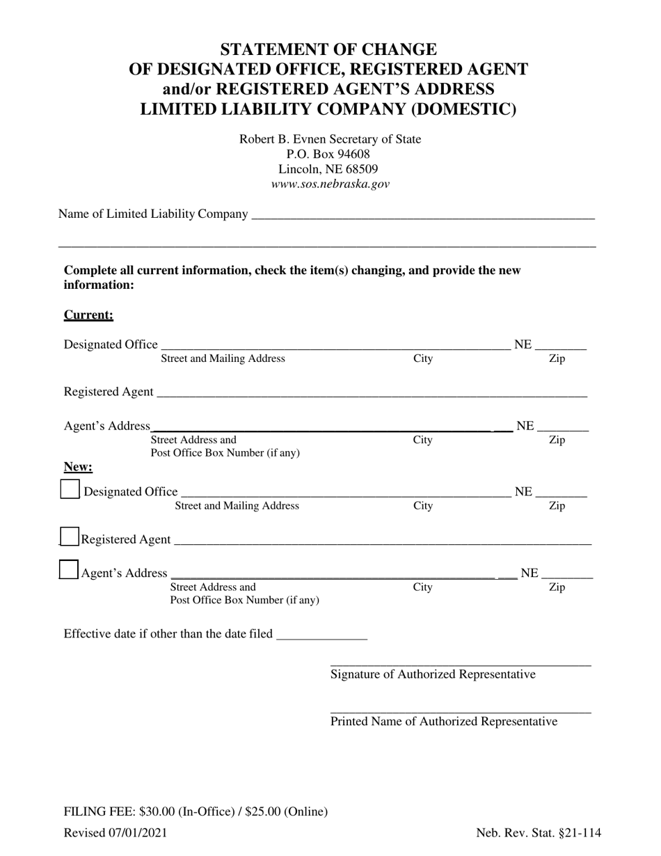 Statement of Change of Designated Office, Registered Agent and/or Registered Agent's Address - Limited Liability Company (Domestic) - Nebraska, Page 1