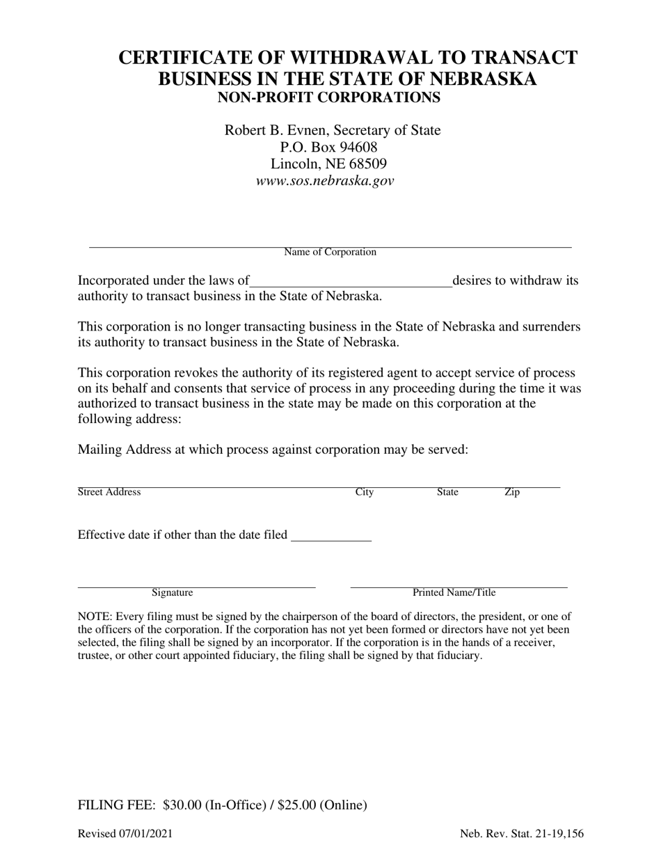 Certificate of Withdrawal to Transact Business in the State of Nebraska - Non-profit Corporations - Nebraska, Page 1