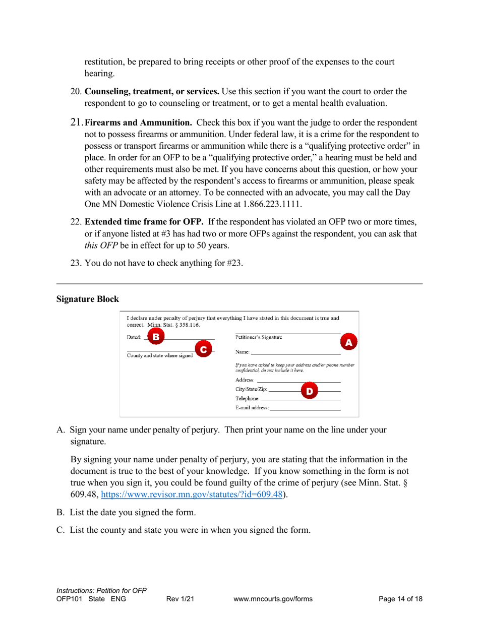 Form OFP101 Instructions - Asking for an Order for Protection (Ofp) - Minnesota, Page 14