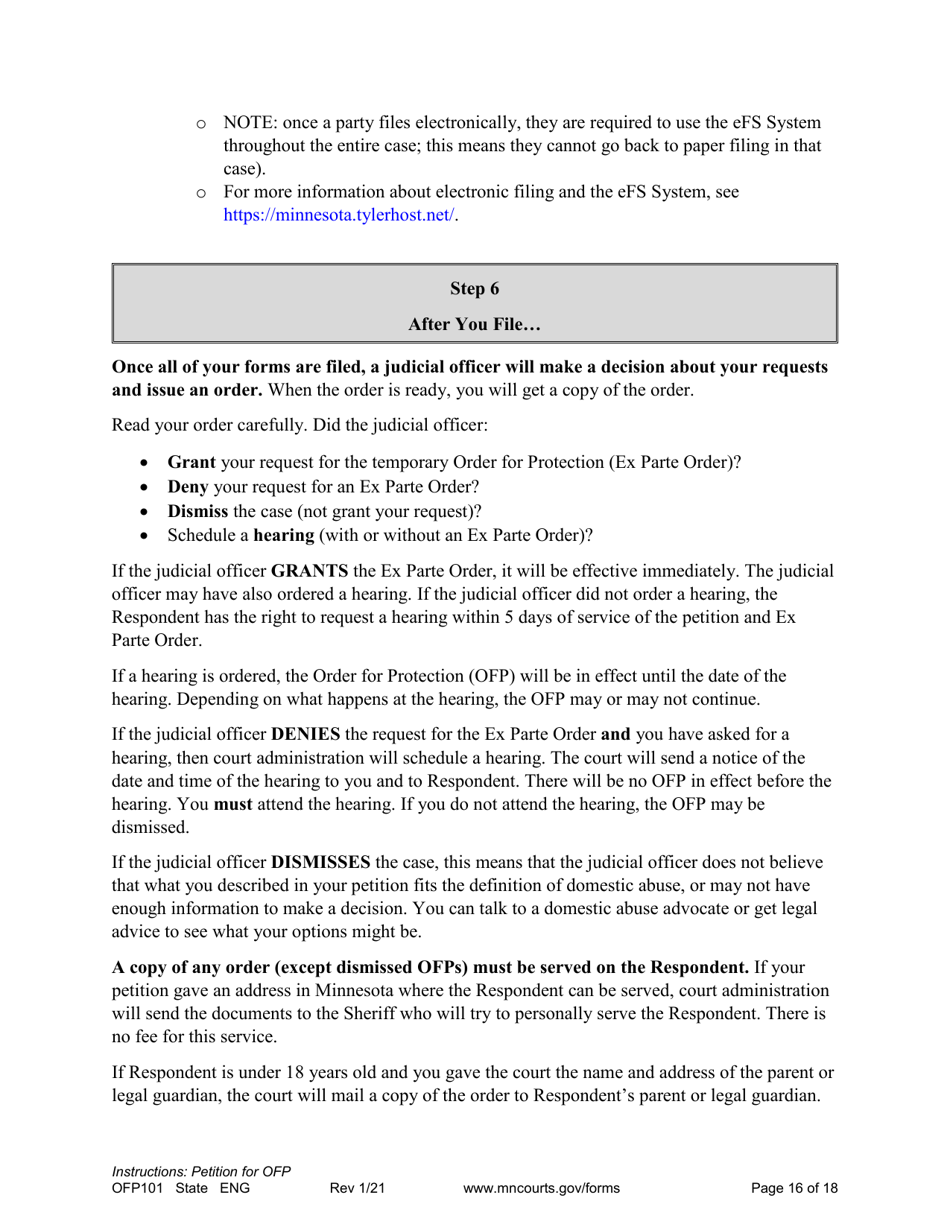 Form OFP101 Instructions - Asking for an Order for Protection (Ofp) - Minnesota, Page 16