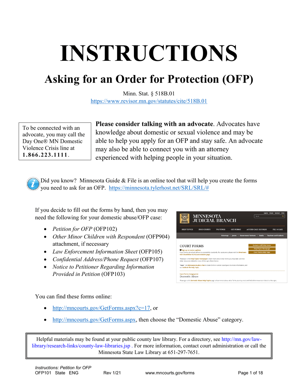 Form OFP101 Instructions - Asking for an Order for Protection (Ofp) - Minnesota, Page 1