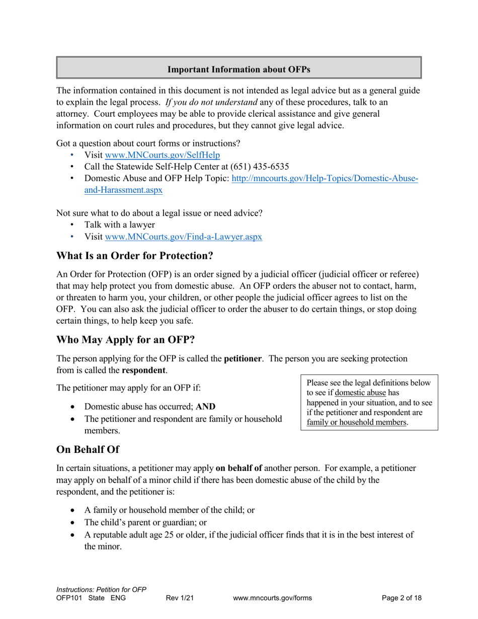 Form OFP101 Instructions - Asking for an Order for Protection (Ofp) - Minnesota, Page 2