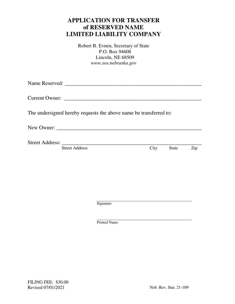 Nebraska Application for Transfer of Reserved Name Limited Liability Company Download Fillable