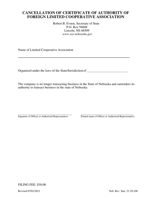 Cancellation of Certificate of Authority of Foreign Limited Cooperative Association - Nebraska Download Pdf