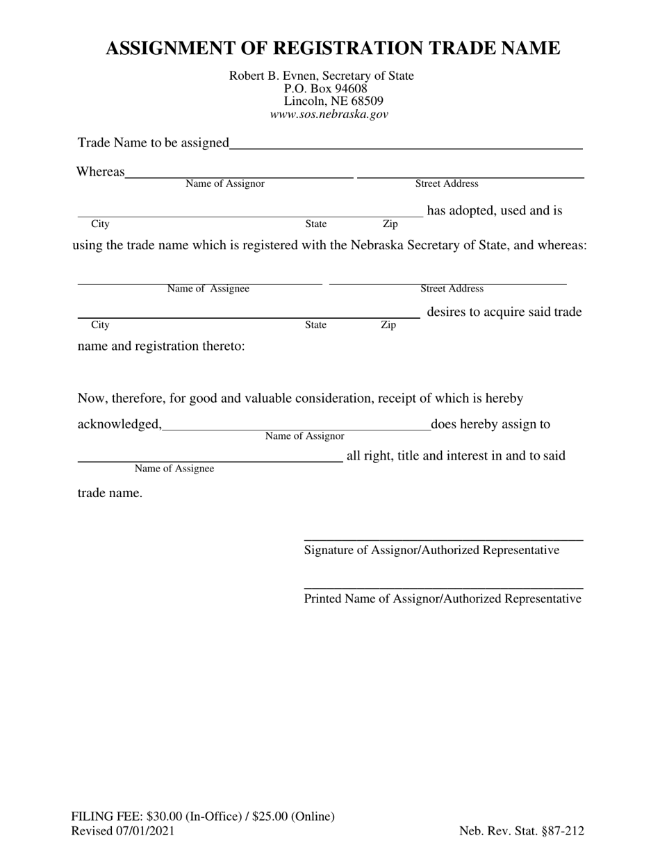 Assignment of Registration Trade Name - Nebraska, Page 1