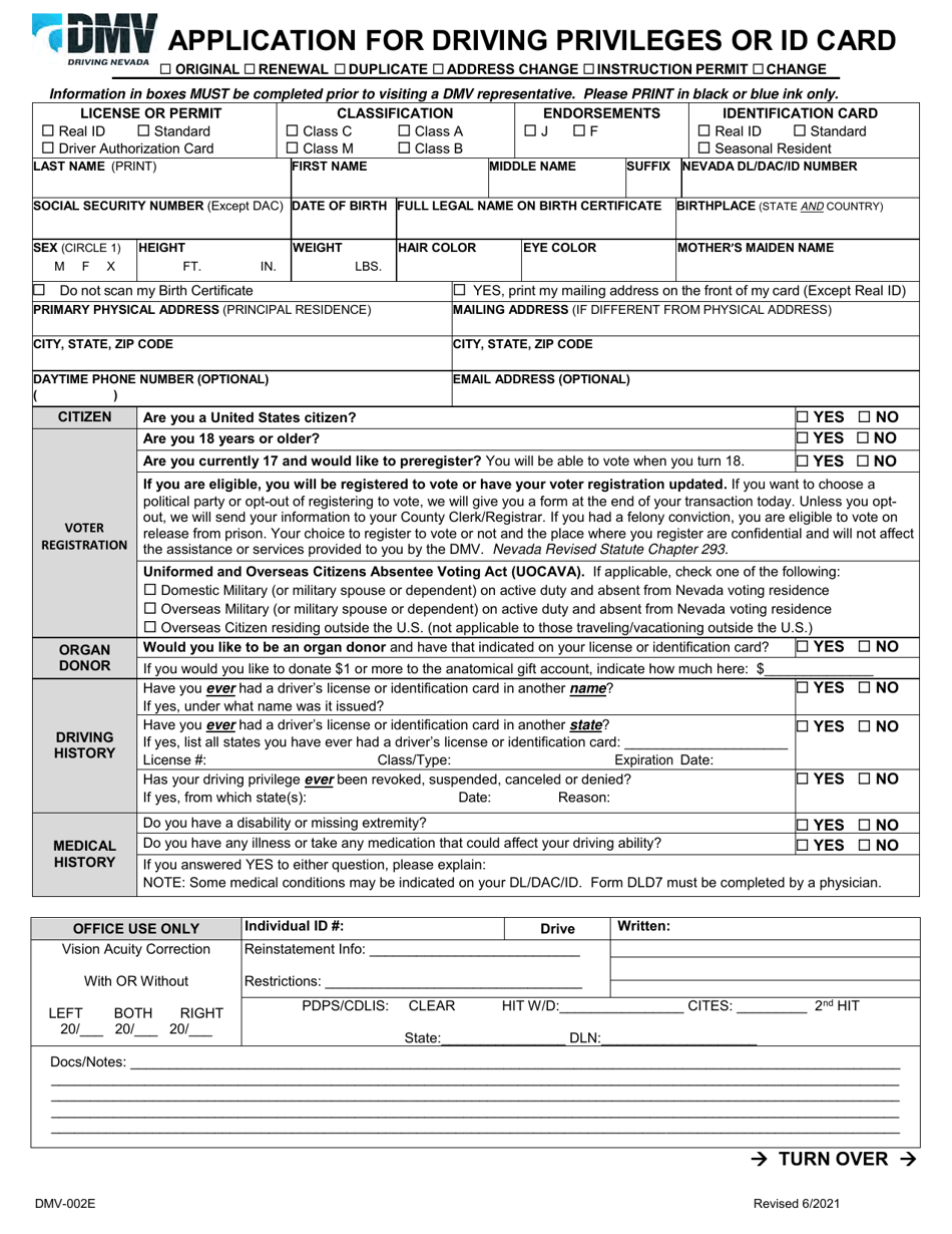 Form DMV-002 Application for Driving Privileges or Id Card - Nevada, Page 1