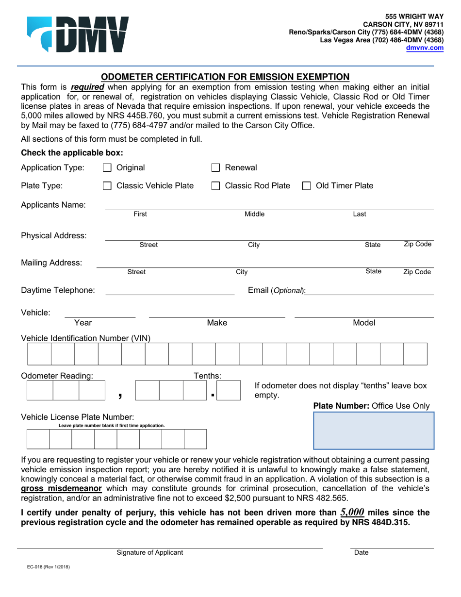 Form EC-018 - Fill Out, Sign Online and Download Fillable PDF, Nevada ...