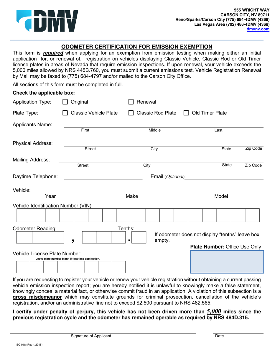Form EC-018 Odometer Certification for Emission Exemption - Nevada, Page 1