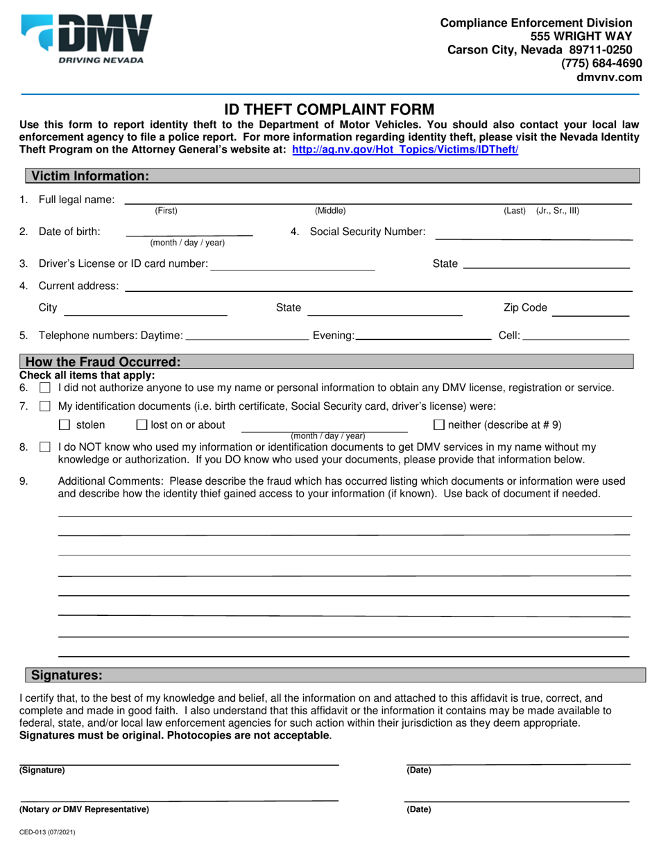 Form CED-013 Id Theft Complaint Form - Nevada, Page 1