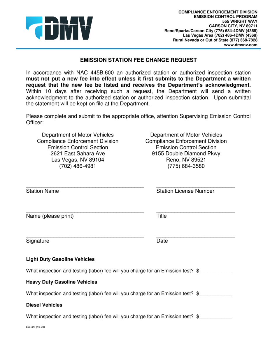 Form EC-028 Emission Station Fee Change Request - Nevada, Page 1
