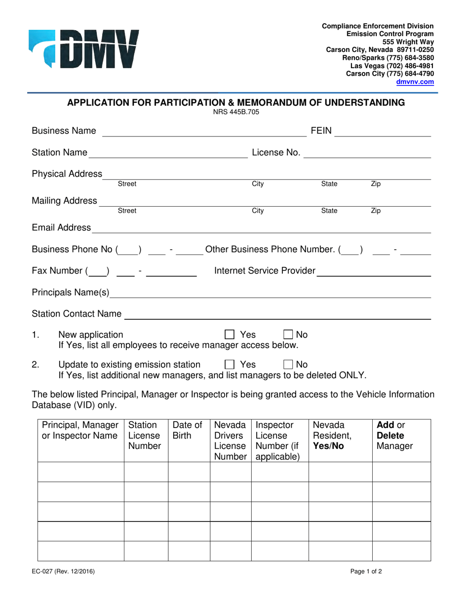Form EC-027 Application for Participation  Memorandum of Understanding - Nevada, Page 1