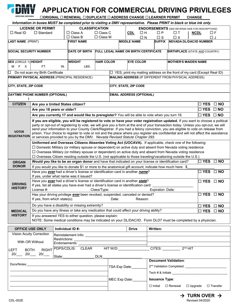 Form CDL-002 Download Fillable PDF or Fill Online Application for ...