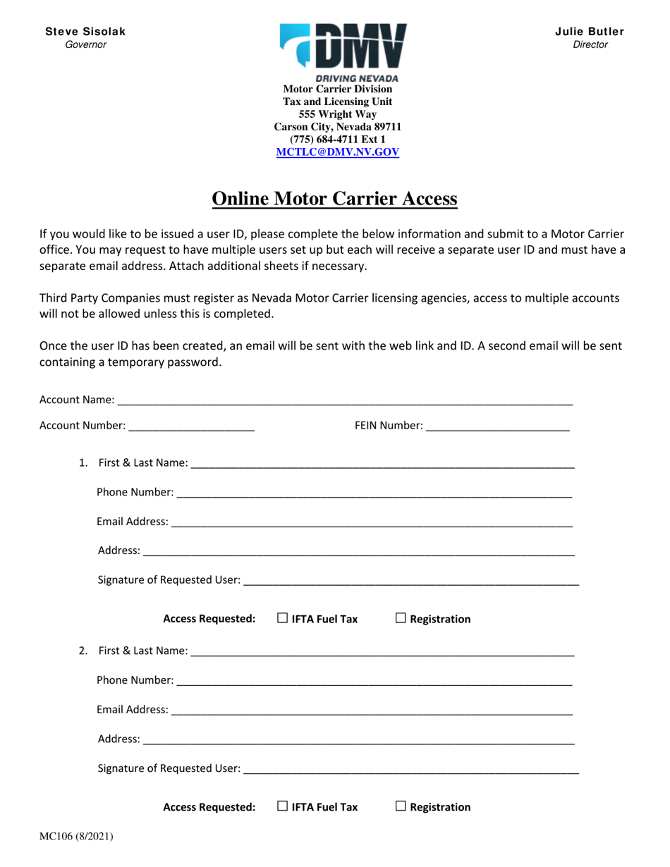 Form MC106 Online Motor Carrier Access - Nevada, Page 1