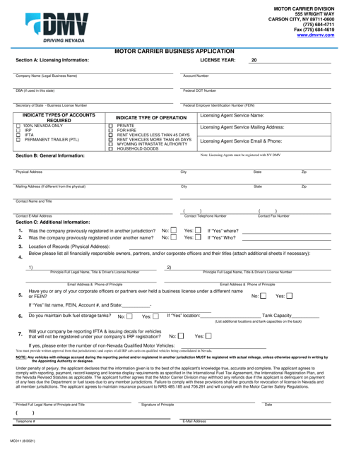 Form MC011 Motor Carrier Business Application - Nevada